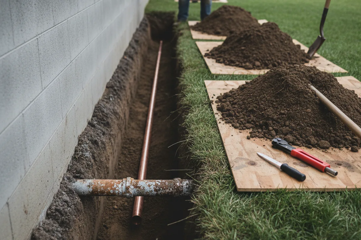 Excavated water line trench during Sewer Line Repair in San Miguel